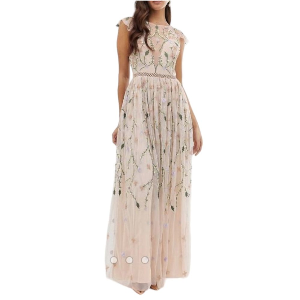 ASOS DESIGN pretty embroidered floral and sequin mesh maxi dress Size 12